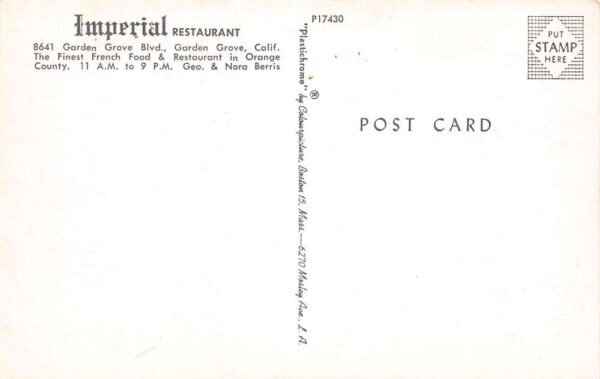 Garden Grove California Imperial Restaurant, Photochrome Vintage Postcard U14357 - Image 2