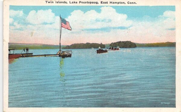 East Hampton Connecticut Lake Pocotopaug Twin Islands Vintage Postcard AA76006