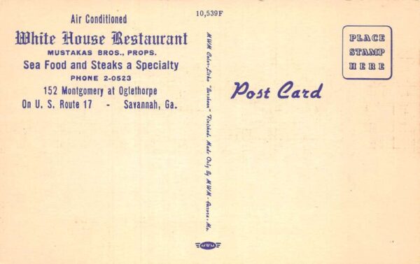 Savannah Georgia White House Restaurant Linen Vintage Postcard AA76011 - Image 2