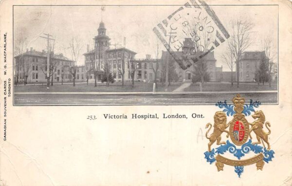 London Ontario Canada Victoria Hospital and Coat of Arms Postcard AA76019