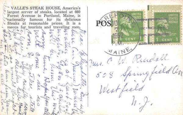 Portland Maine Valle's Steakhouse Restaurant Vintage Postcard AA76113 - Image 2