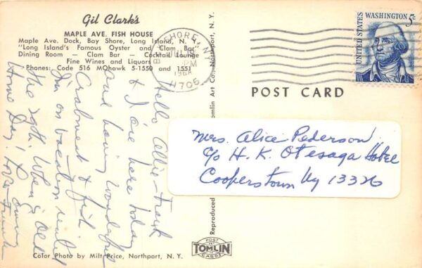 Bay Shore New York Gil Clarks Fish House Restaurant Vintage Postcard AA76115 - Image 2