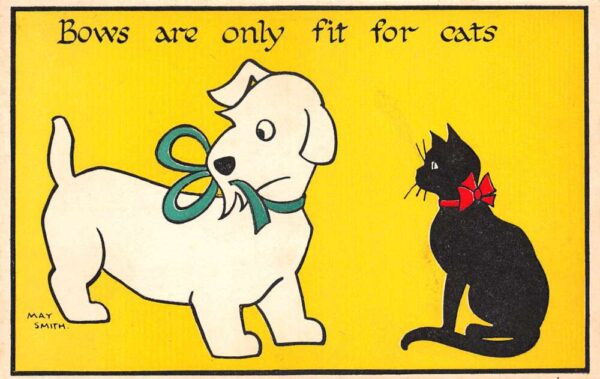 White Dog Black Cat wearing Bows Artist Signed May Smith Postcard AA76117