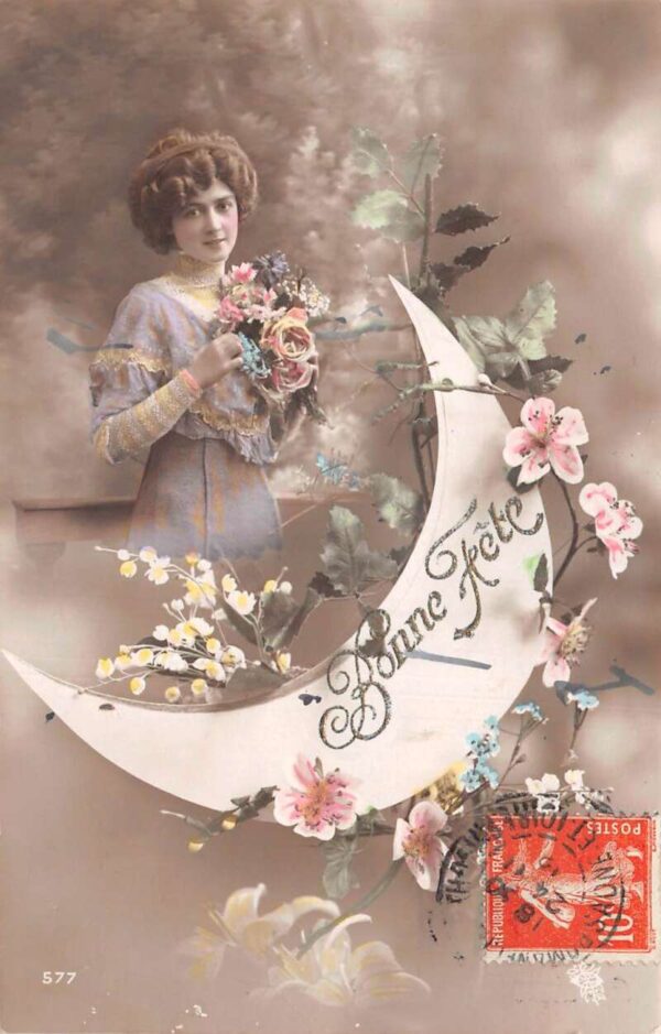 French Holiday Greetings Lady with Flowers Moon Tinted Real Photo PC AA76126