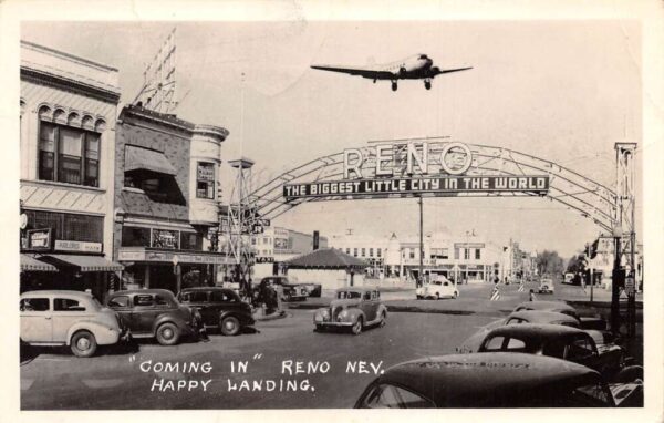 Reno Nevada Electric Sign Street Scene Airplane Real Photo Postcard AA76152