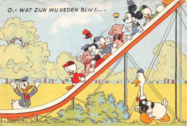 Walt Disney Donald Duck Mickey Mouse Riding Slide Vintage Postcard AA76158