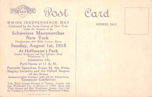 Westchester New York Swiss Independence Day 1915 Helvetia Postcard AA76173 - Image 2