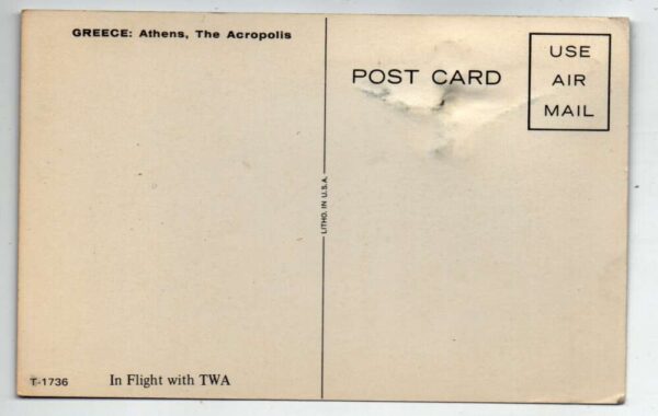 Athens Greece Acropolis TWA Airlines Novelty Metal Add On Postcard AA76184 - Image 2