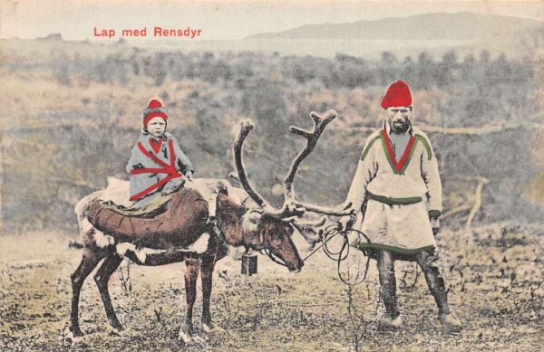 Sami Laplanders Baby Riding Reindeer Indigenous Native Vintage Postcard AA76334