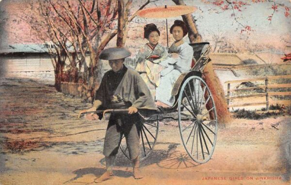 Japan Japanese Girls on Jinkrisha Rickshaw Vintage Postcard AA76336