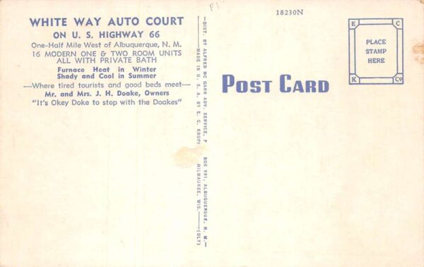 Albuquerque New Mexico White Way Court Motor Hotel Route 66 Postcard AA76437 - Image 2