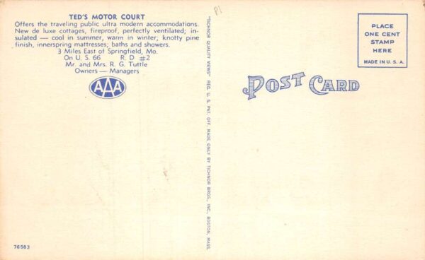 Springfield Missouri Ted's Motor Court Route 66 Vintage Postcard AA76444 - Image 2