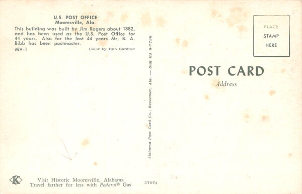 Mooresville Alabama U.S. Post Office, Photochrome Vintage Postcard U14682 - Image 2