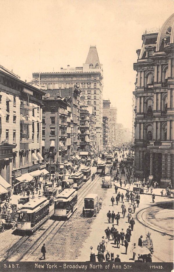 New York City New York Broadway, North of Ann Street, Trolleys, Postcard U14701