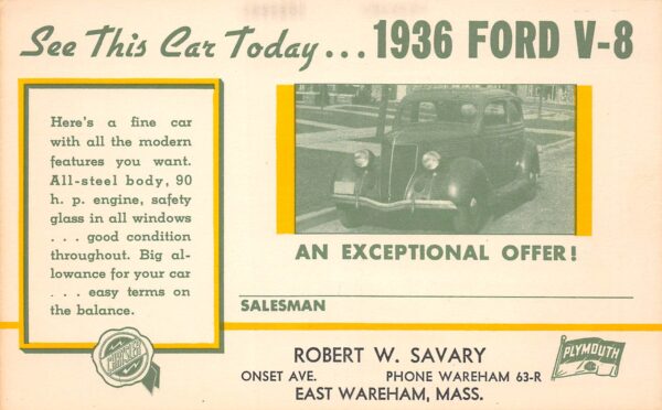 East Wareham Massachusetts 1936 Ford V-8 Ad, Plymouth Dealership, PC U14805