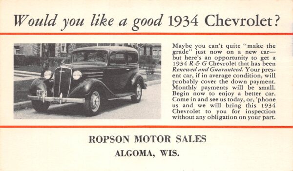 Algoma Wisconsin Ropson Motor Sales, 1934 Chevrolet Ad, Vintage Postcard U14810