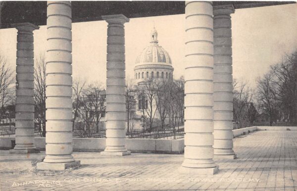 Annapolis Maryland Naval Academy, Colonnade & Chapel, Albertype Co. Ad, Back, PC U14812