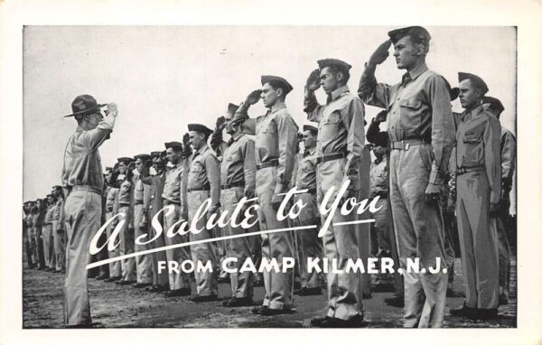 Camp Kilmer New Jersey Soldiers Saluting, B/W Chrome Vintage Postcard U14830