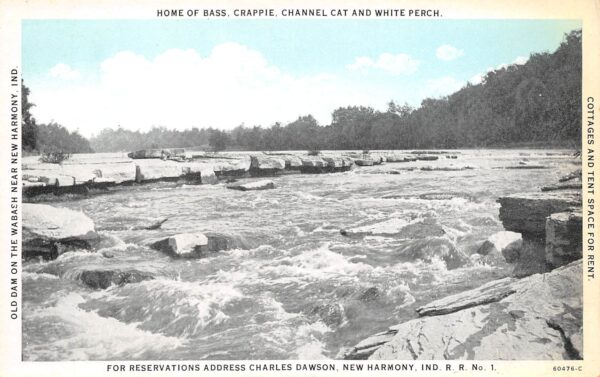 New Harmony Indiana Old Dam On The Wabash River, Sky Tinted Vintage PC U14964