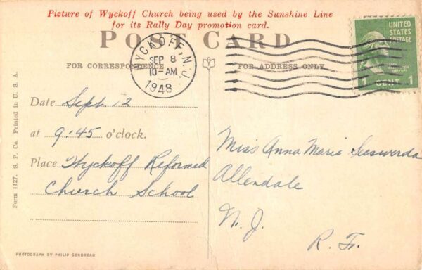 Wycoff New Jersey Reformed Church Rally Day Ad Vintage Postcard AA76737 - Image 2