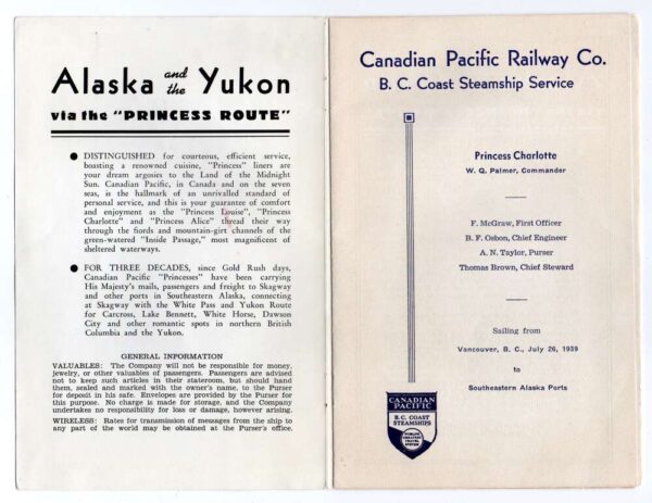 Alaska Princess Line 1939 Princess Charlotte Passenger List Vintage AA76785 - Image 2