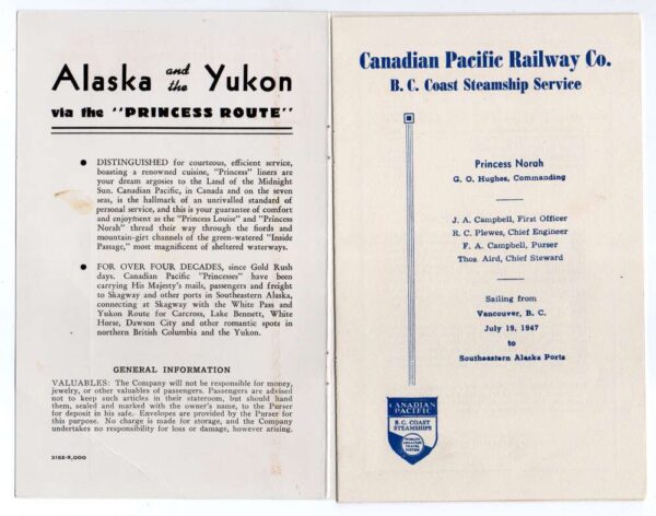 Alaska Princess Line 1947 Princess Norah Passenger List Vintage AA76787 - Image 2