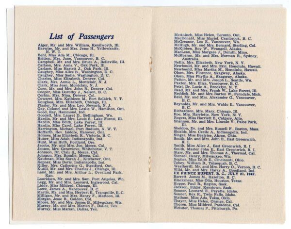 Alaska Princess Line 1947 Princess Norah Passenger List Vintage AA76787 - Image 3