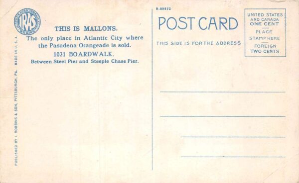 Atlantic City New Jersey Mallon's Pasadena Orangeade Juice Bar Postcard AA77295 - Image 2