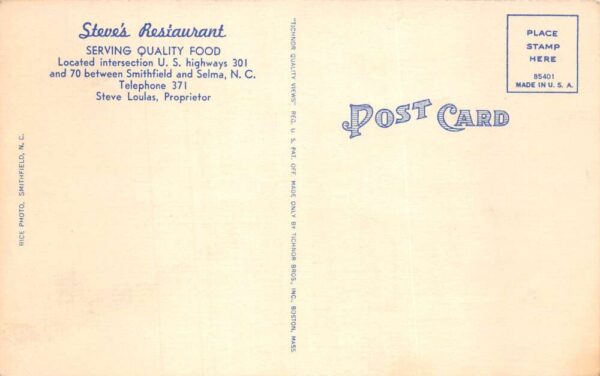 Smithfield North Carolina Steve's Restaurant Coke Sign Vintage Postcard AA77600 - Image 2