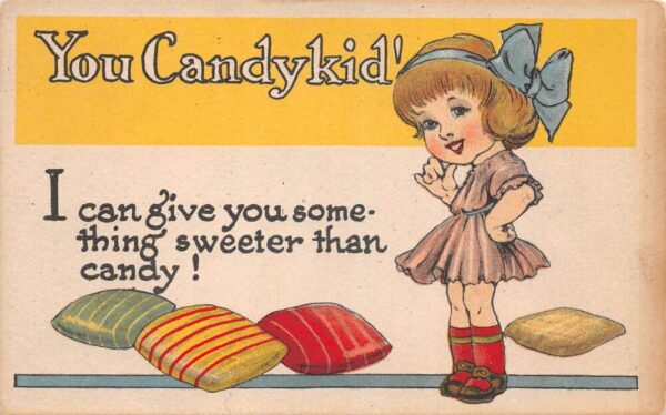 Greetings "CandyKid" Girl with Candy Vintage Postcard AA79495