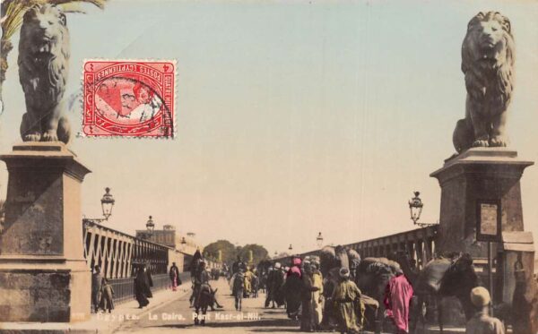 Cairo Egypt Bridge Kasr El Nil Lion Statues Tinted Real Photo Postcard AA81945