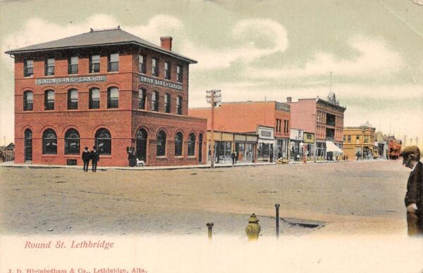 Lethbridge Canada Round Street Union Bank Business District Postcard AA93386