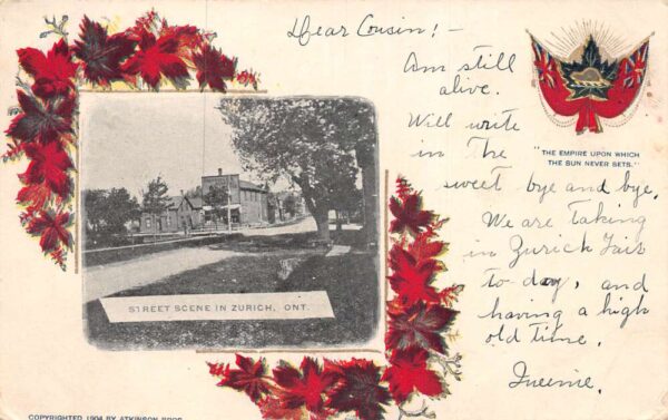 Zurich Ontario Canada Street Scene Maple Leaf Border Vintage Postcard AA93401