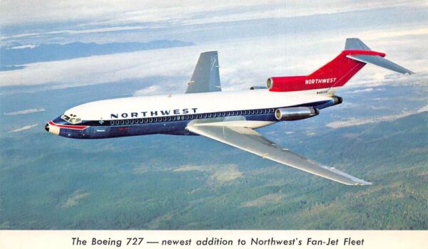 Northwest Orient Airlines 727 Fan Jet Airplane in Flight Postcard AA93422