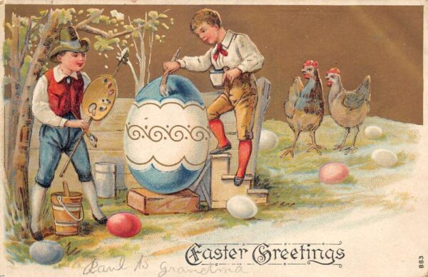 Easter Greetings Children Painting Egg with Chickens Vintage Postcard AA93454