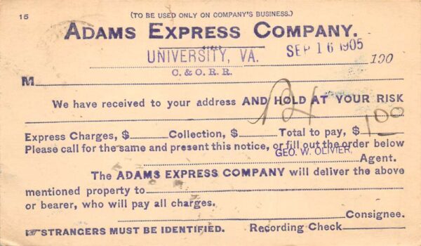 University Virginia Adams Express Company Postal Vintage Postcard AA93518