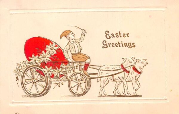 Easter Greetings Giant Egg In Lamb Cart Vintage Postcard AA93534