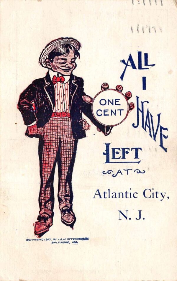 Atlantic City New Jersey Greetings Man with One Cent Humor Postcard AA93541