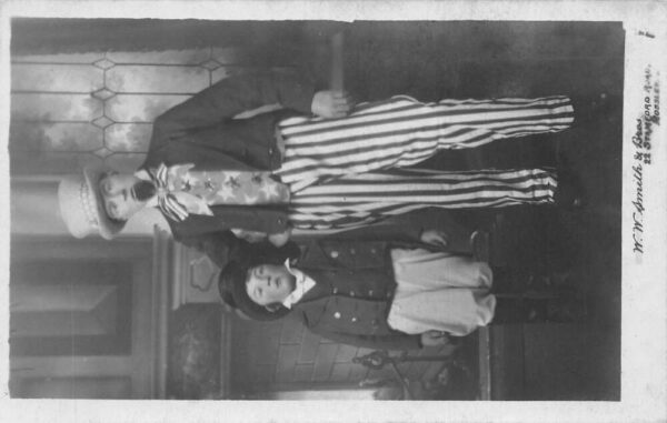 Mossley England Boy with Man Dressed as Uncle Sam Real Photo Postcard AA93552