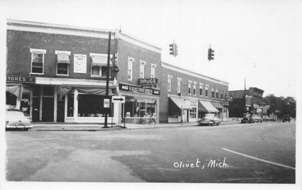 Olivet Michigan Drug Store Coke Sign Street Scene Real Photo Postcard AA93562