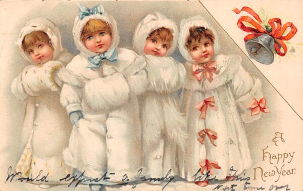 "A Happy New Year", Little Girls With Winter Muffs, Nister, Vintage PC U21945