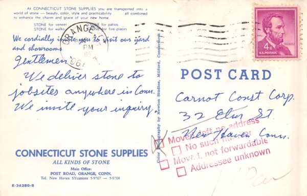 Orange Connecticut, Connecticut Stone Supplies, Chrome, Vintage Postcard U21954 - Image 2