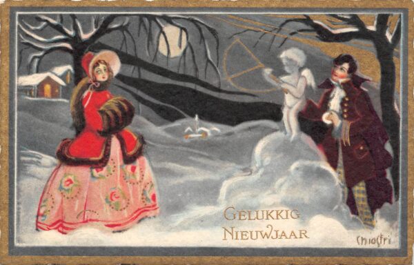 Dutch "Happy New Year", Couple In Snow, Artist Signed Chiostri, PC U21961