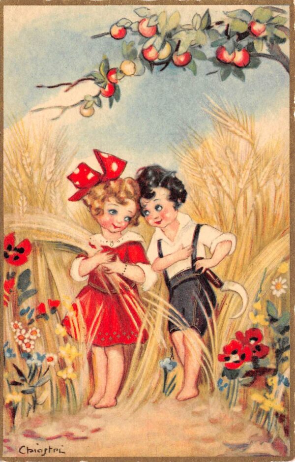 Artist Signed Chiostri, Cute Child Couple With Wheat & Flowers, PC U21962