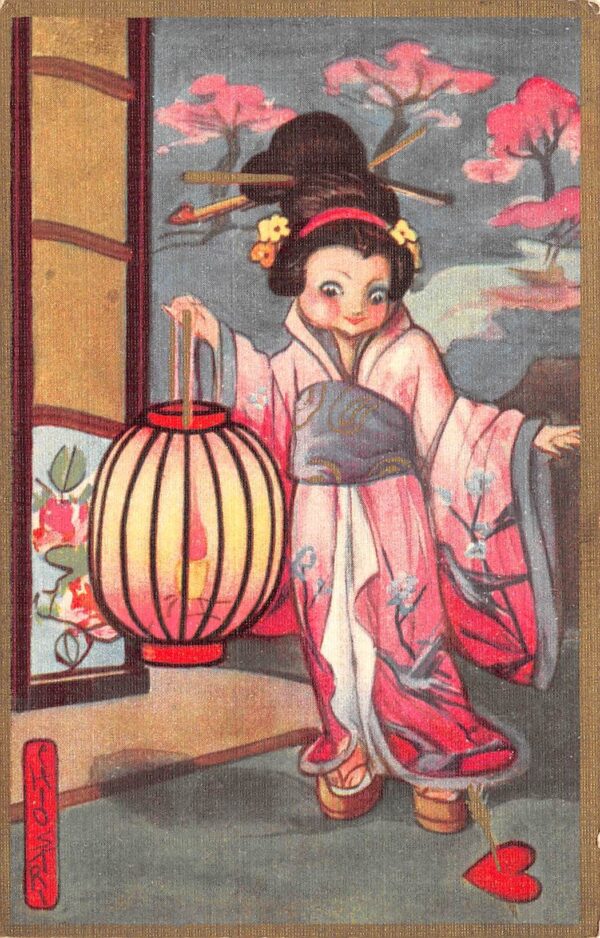 Artist Signed Chiostri, Geisha Girl With Lantern, Cupid Heart, PC U21966