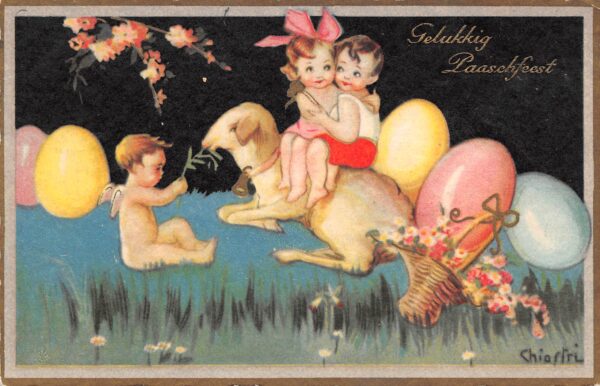 Dutch "Happy Easter", Kids & Angel W/ Eggs & Bunny, Chiostri, PC U21968