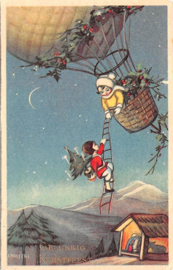 Dutch "Merry Christmas", Kids On Hot Air Balloon, Manger, Chiostri, U21970