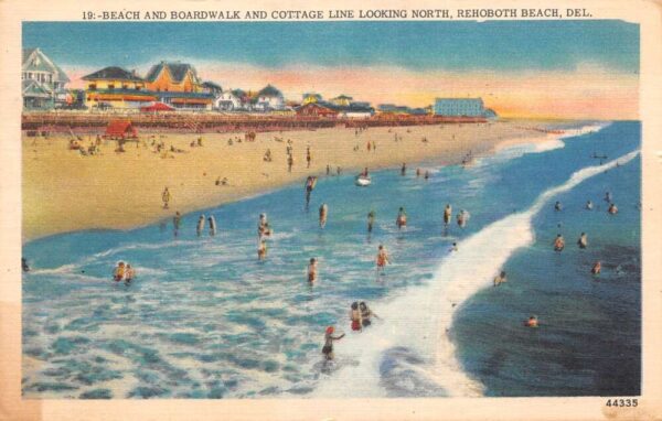 Rehoboth Beach Delaware Beach Boardwalk and Cottages Linen Postcard AA93635