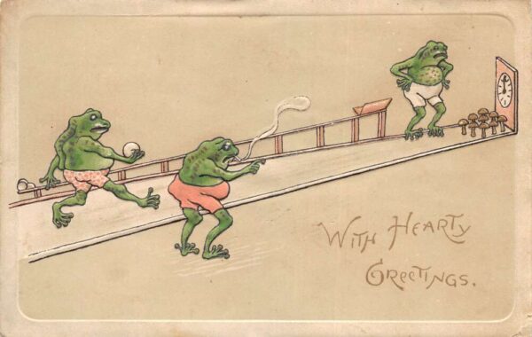 Greetings Dressed Frogs Bowling Alley Mushrooms Frog Smoking Postcard AA93659