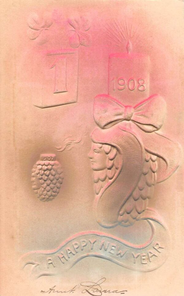 New Year Greetings 1908 Pinecone Face Candle Airbrushed Embossed PC AA93660